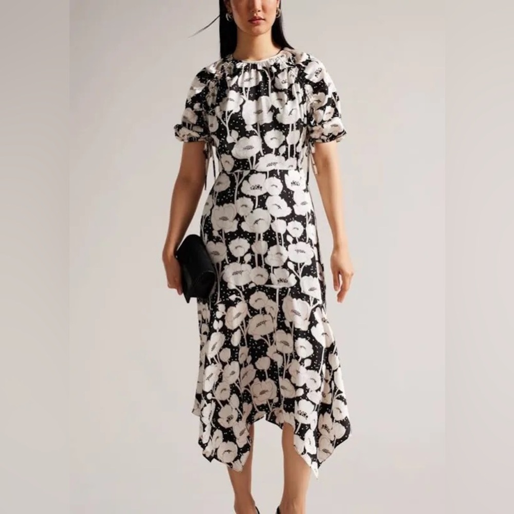 Ted Baker black and white floral shirt sleeve  midi dress
